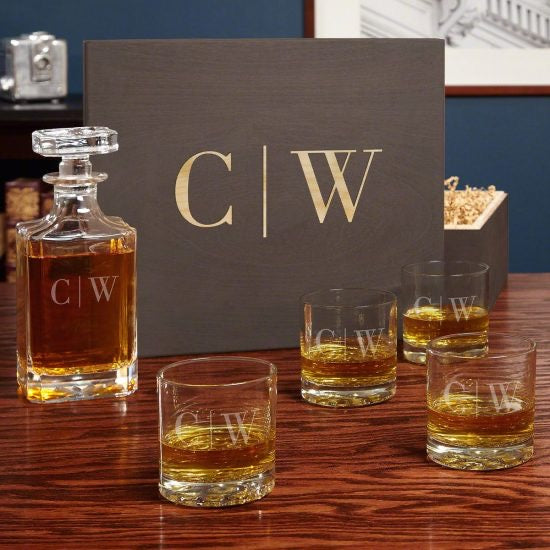 Monogrammed Gifts for Him Whiskey Decanter Box Set with Glasses