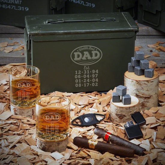 Custom Whiskey Glass Ammo Can Set of Best Dad Gifts with Kids Birthdays