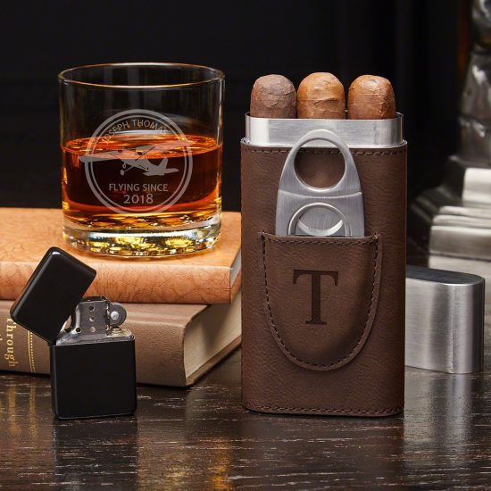 Whiskey Glass and Cigar Holder Gift Set
