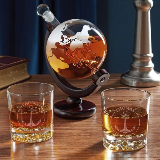 Globe Decanter and Pair of Glasses Navy Gifts