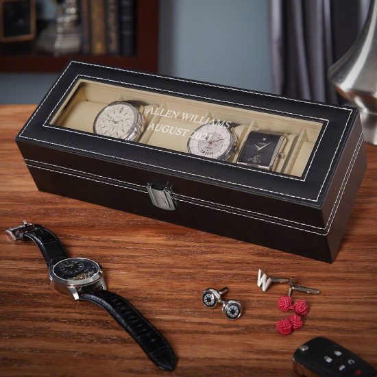 Personalized Black Leather Watch Case