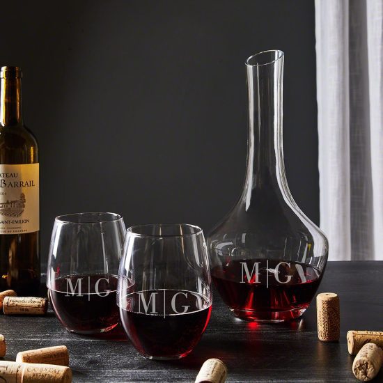 Engraved Wine Decanter with Stemless Glasses