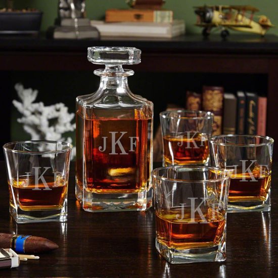 Monogram Whiskey Decanter and Four Glasses
