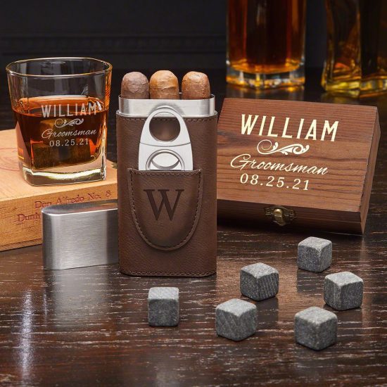 Personalized Whiskey Stone Gift Set with Cigar Case