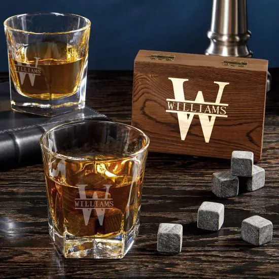 Engraved Whiskey Glass and Stone Set