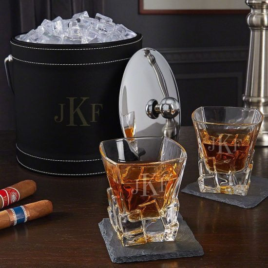 Monogrammed Ice Bucket and Sculpted Glasses