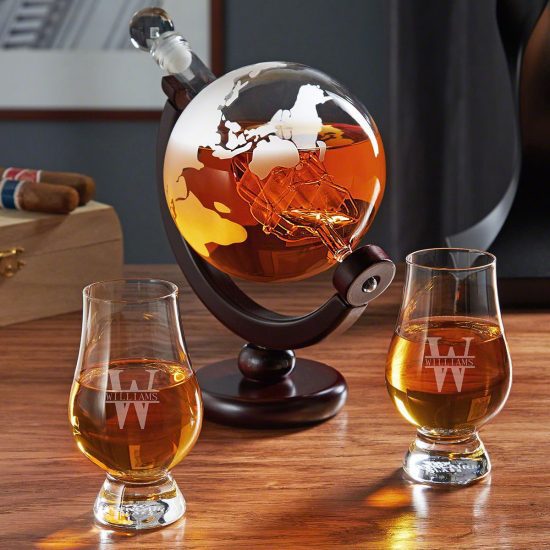Etched Globe Decanter with Monogrammed Glencairn Glasses