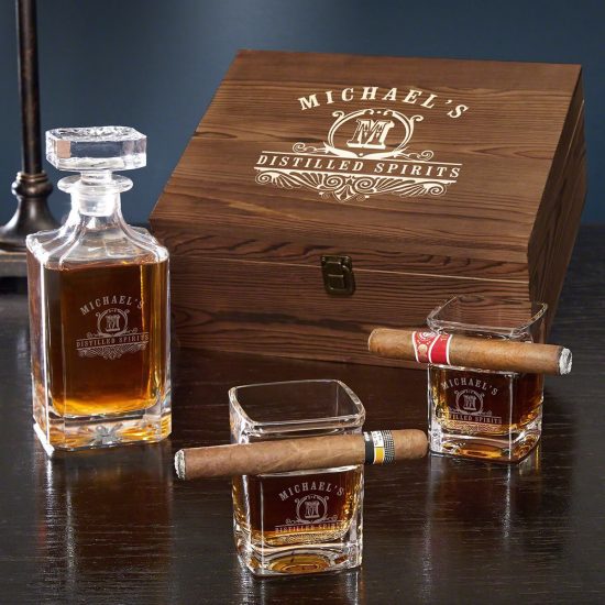 Engraved Cigar and Whiskey Glass Box Set with Decanter