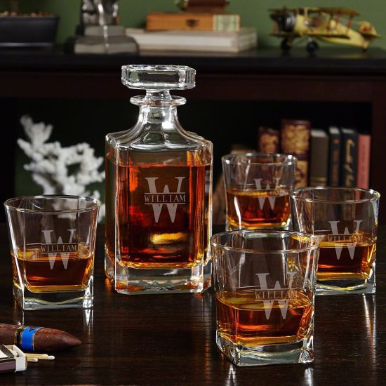 Etched Whiskey Decanter Set