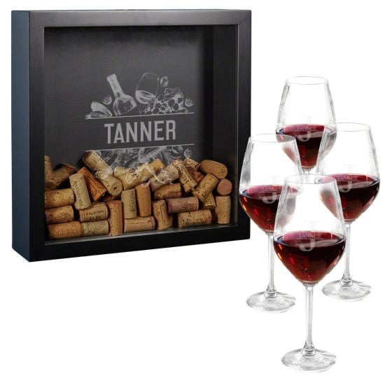 Engraved Shadow Box and Wine Glass Set