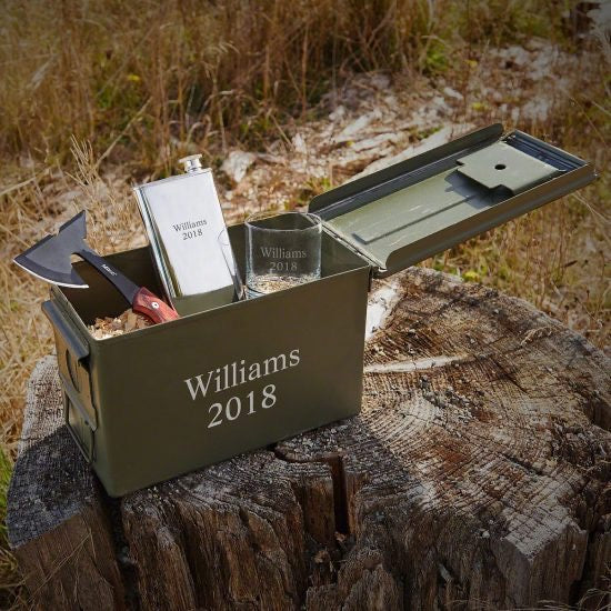 Engraved Ammo Can with Hatchet Flask and Cocktail Glass