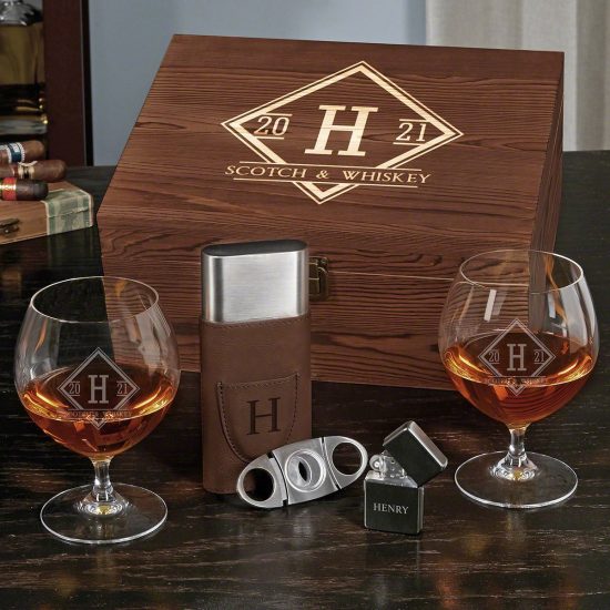 Engraved Cognac Box Set with Cigar Accessories