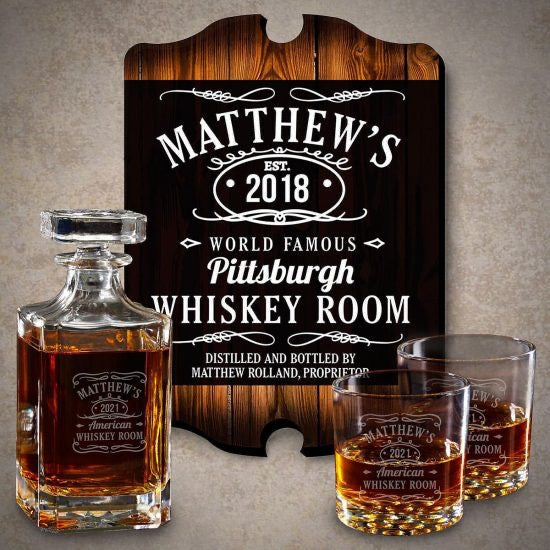 Personalized Whiskey Label Sign Deanter and Glasses Gift Set