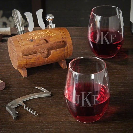 Monogrammed Wine Tools and Stemless Glasses are Home Bar Essentials