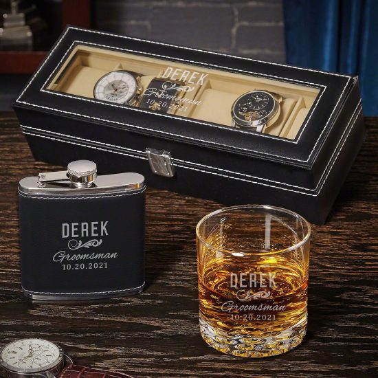 Custom Groom Gifts with Watch Case, Rocks Glass, and Flask