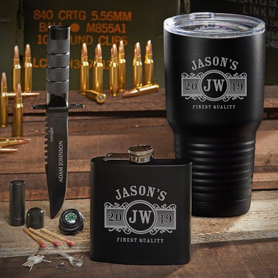 Engraved Tumbler Flask and Survival Knife