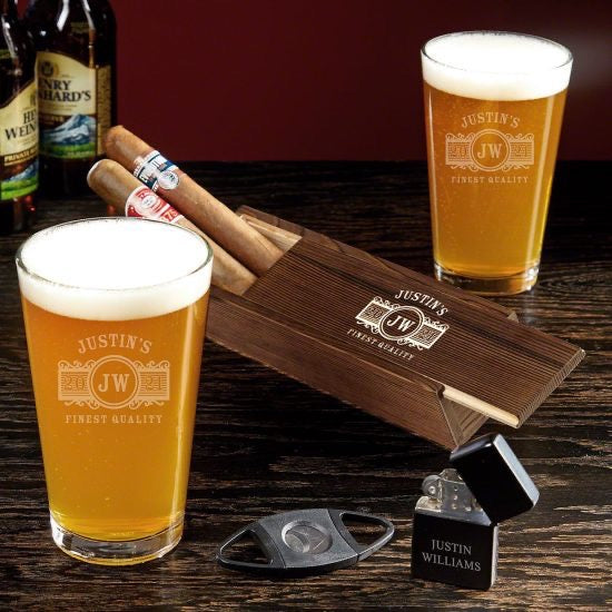 Engraved Pint Glass and Cigar Box Set