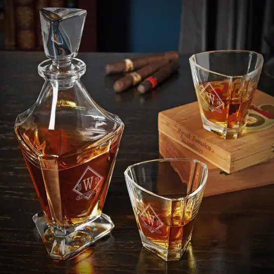 Engraved Unique Whiskey Decanter with Matching Glasses