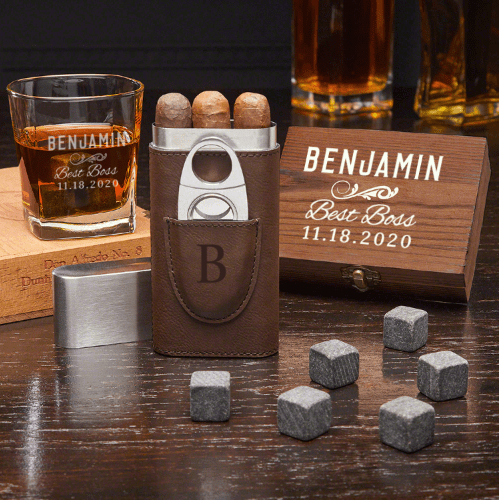 Personalized Whiskey Gift Set with Cigar Case Gifts for Business Owners