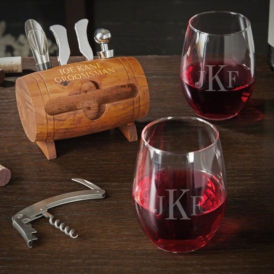 Monogrammed Wine Barrel Stemless Glasses Set