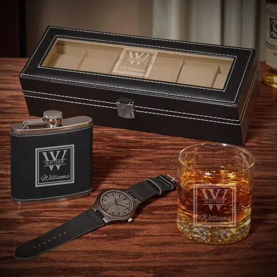Engraved Watch Case Gift Set with Flask and Rocks Glass