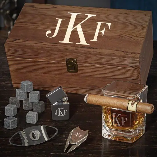 Monogrammed Cigar Whiskey Gifts for 70 Year Old Man
