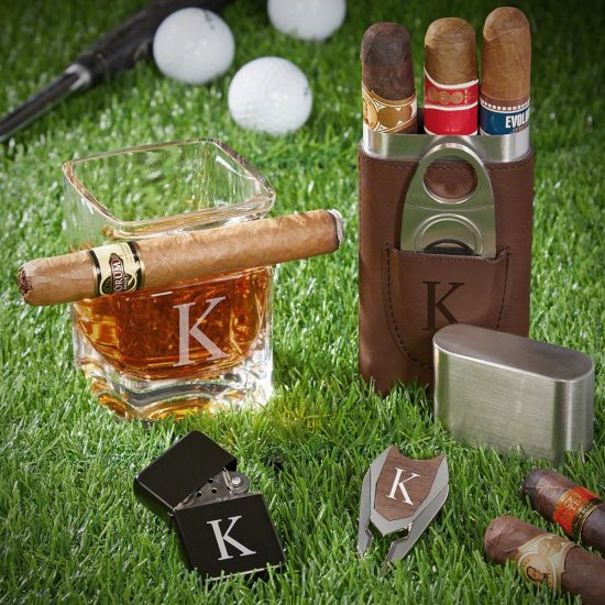 Engraved Cigar Case and Glass Set with Divot Tool