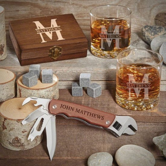 Engraved Whiskey Gift Set with Multi Tool Holiday Gift Ideas