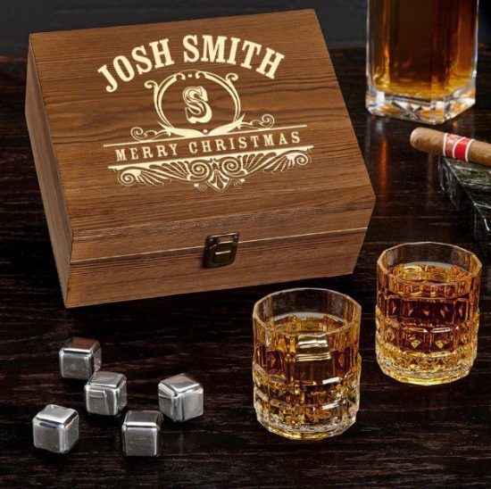 Engraved Gift Box Set of Whiskey Glasses and Stones