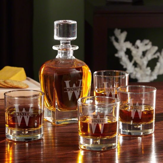 Engraved Whiskey Decanter and Glasses Set