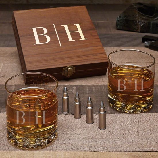 Monogrammed Whiskey Glass and Stone Set