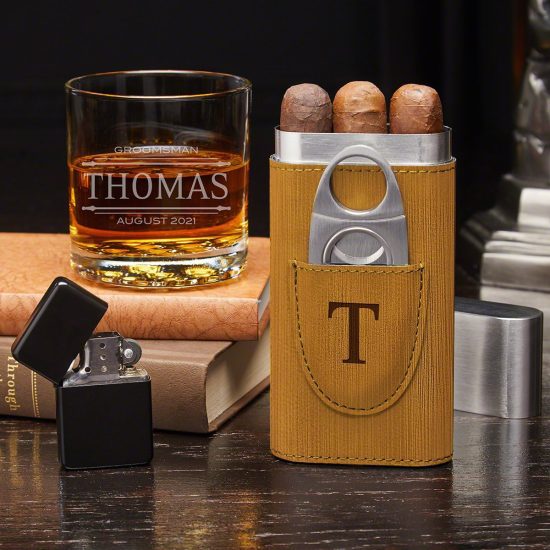 Cigar Case and Whiskey Glass Set