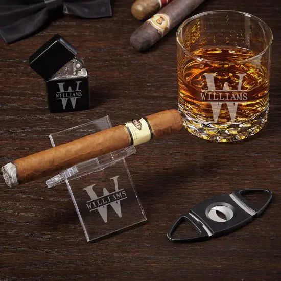 Personalized Rocks Glass with Cigar Holder