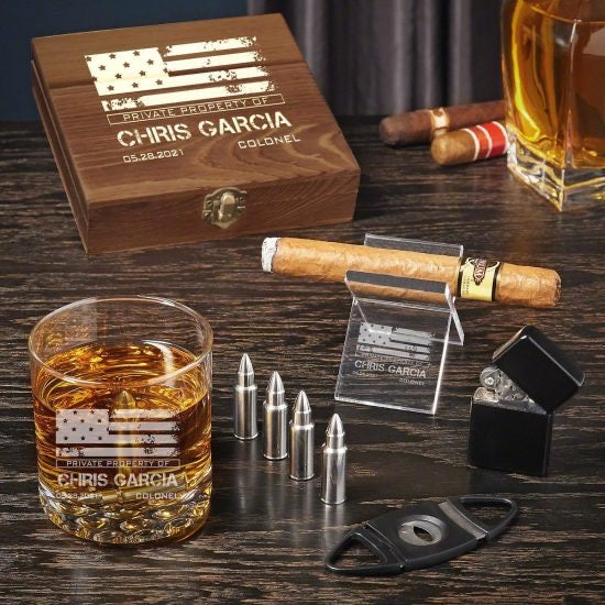 Patriotic Whiskey Glass with Cigar Holder Whiskey Stone Set