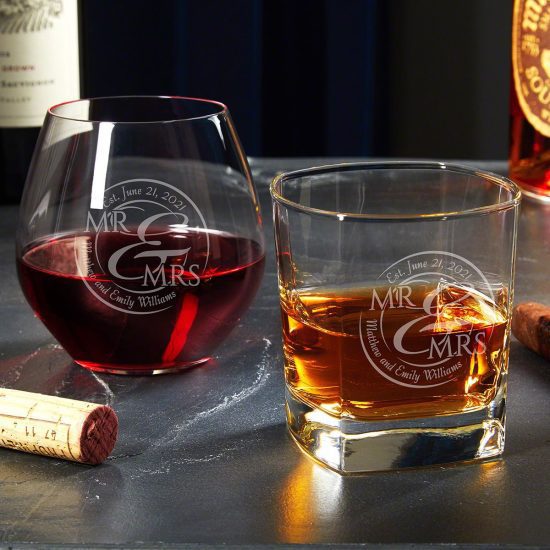 Matching Personalized Whiskey and Wine Glasses