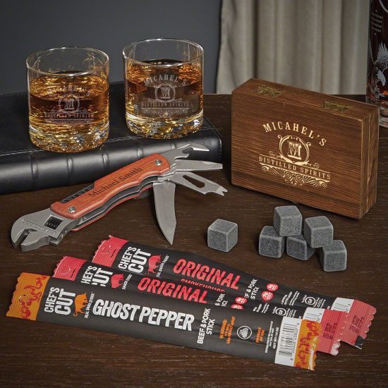 Engraved Whiskey Glasses and Beef Jerky Set