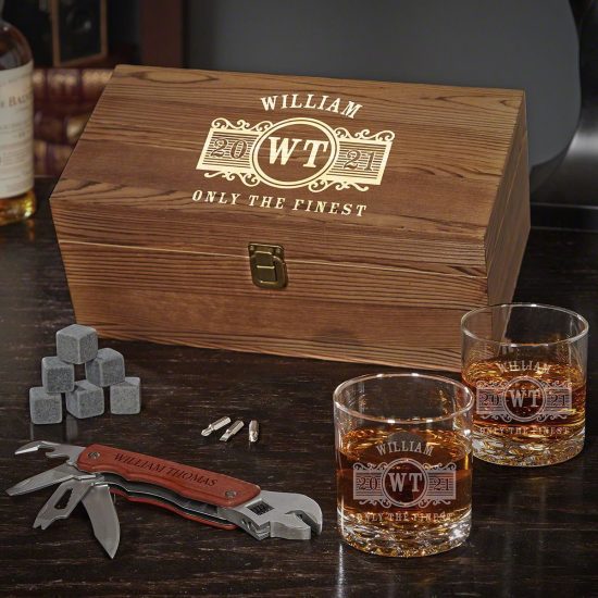 Engraved Whiskey Box Set with Multi Tool