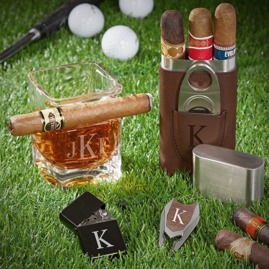 Monogrammed Whisky Glass and Cigar Case