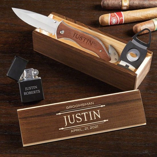 Engraved Cigar Box and Knife Set