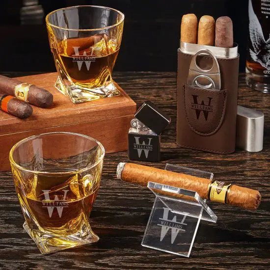 Cool Guy Gifts are Engraved Twist Whiskey Glasses and Cigar Case