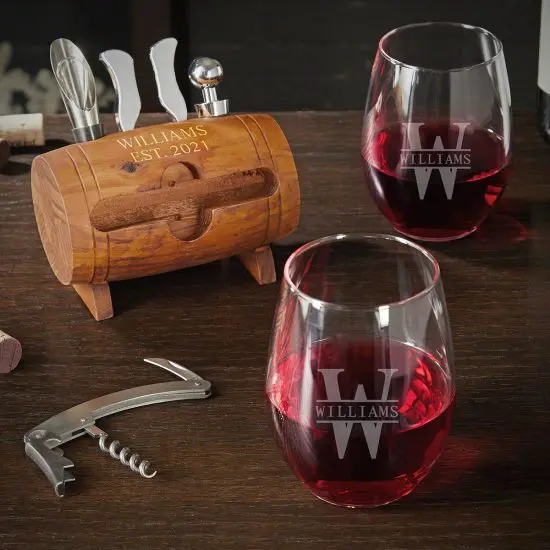 Wine Tool Barrel and Stemless Glasses Set