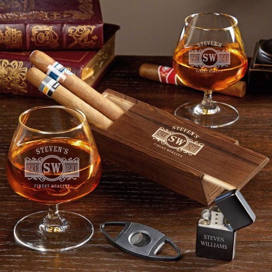 Engraved Cognac Glasses and Cigar Set of Gifts Ideas for Mom and Dad