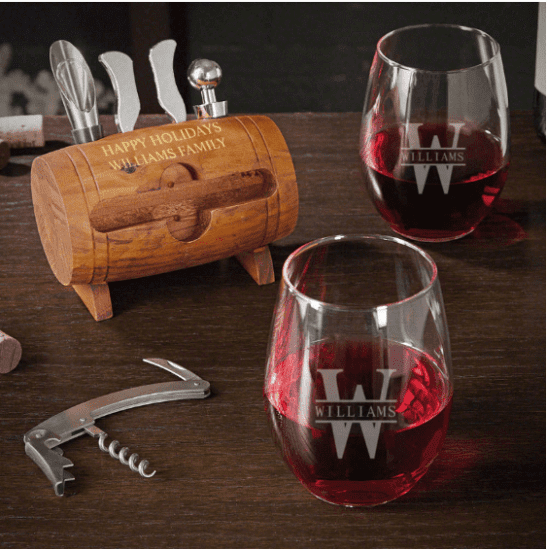 Engraved Wine Tool and Glass Set