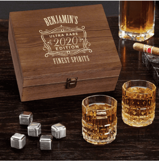 Engraved Whiskey Box with Crystal Glasses