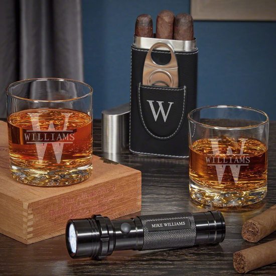 Engraved Cigar and Whiskey Set of Good Valentines Day Gifts for Him