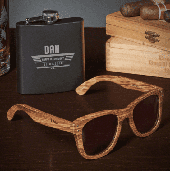 Wooden Sunglasses and Flask Funny Retirement Gifts