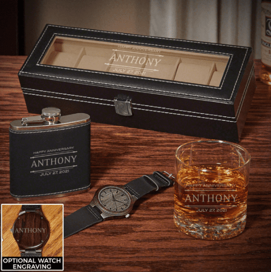 Engraved Watch Case Flask Watch and Rocks Glass