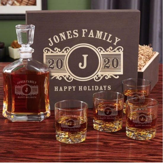 Holiday Gift Guide Idea Engraved Decanter Box Set