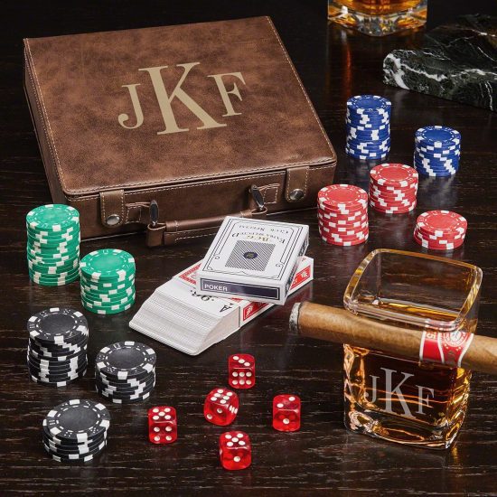 Monogrammed Cigar Whiskey Glass and Poker Set