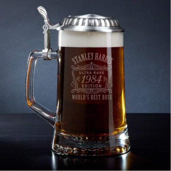 Engraved Glass Beer Stein with Lid